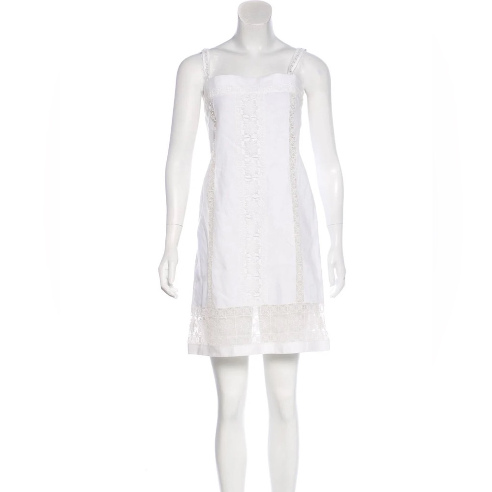 Dolce & Gabbana White Linen Lace-Trimmed Sleeveless Eyelet Sheath Midi Dress XS